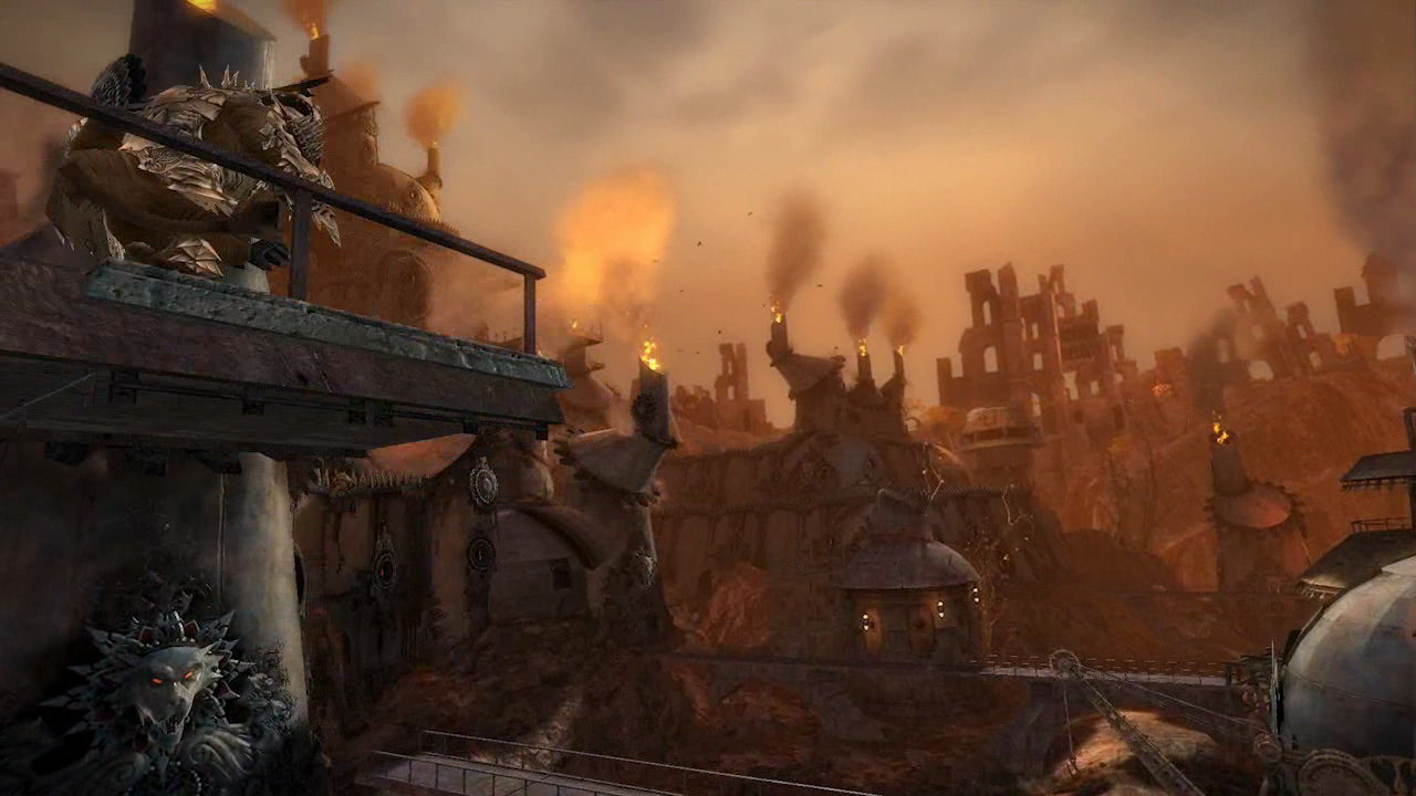 An impressive, almost industrial city, presumably of the Charr.