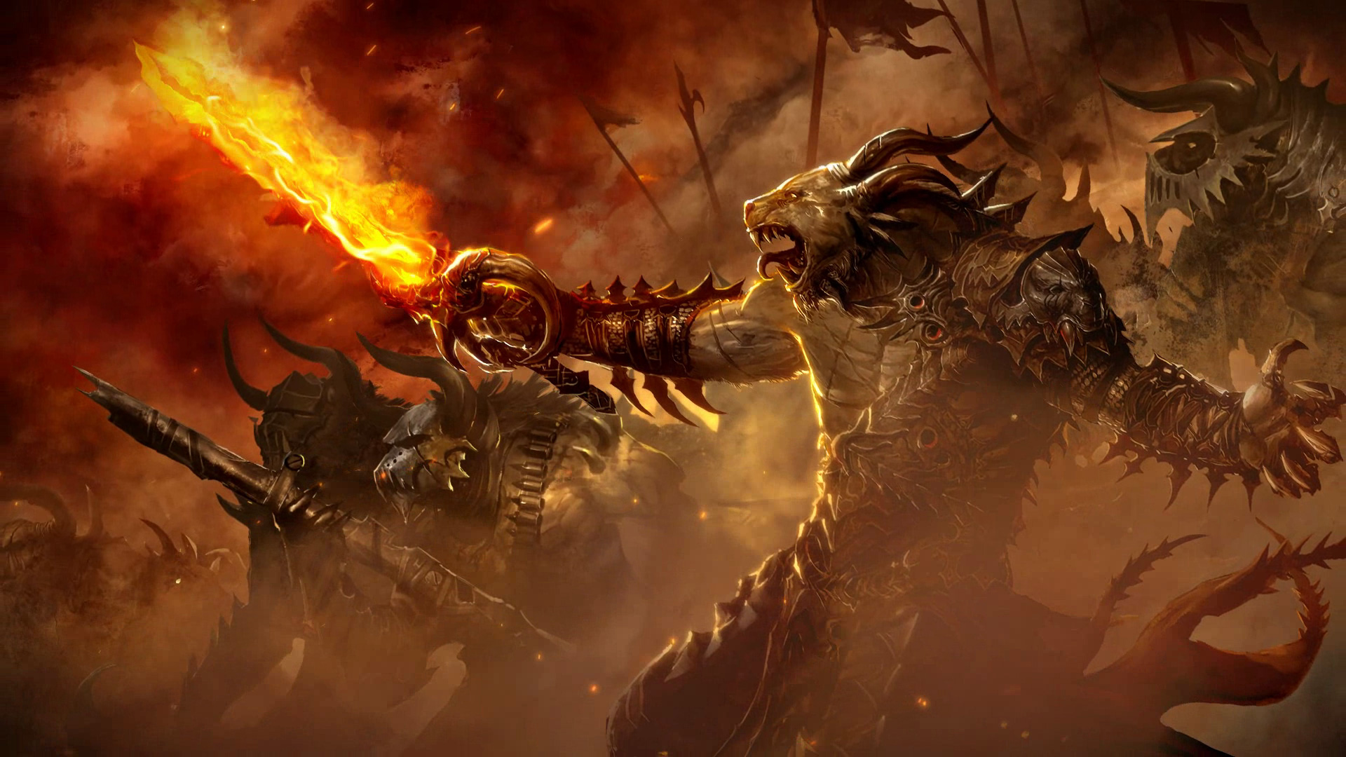 Charr wielding both fiery swords and even guns in the Guild Wars 2 trailer.