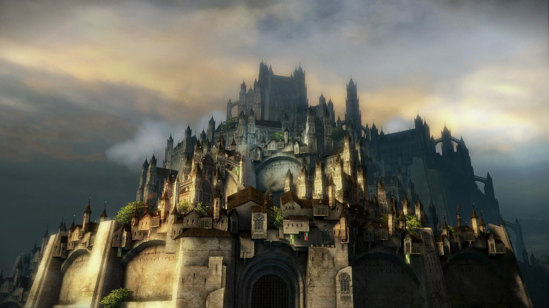 A view of a massive fortress city from the Guild Wars 2 trailer.